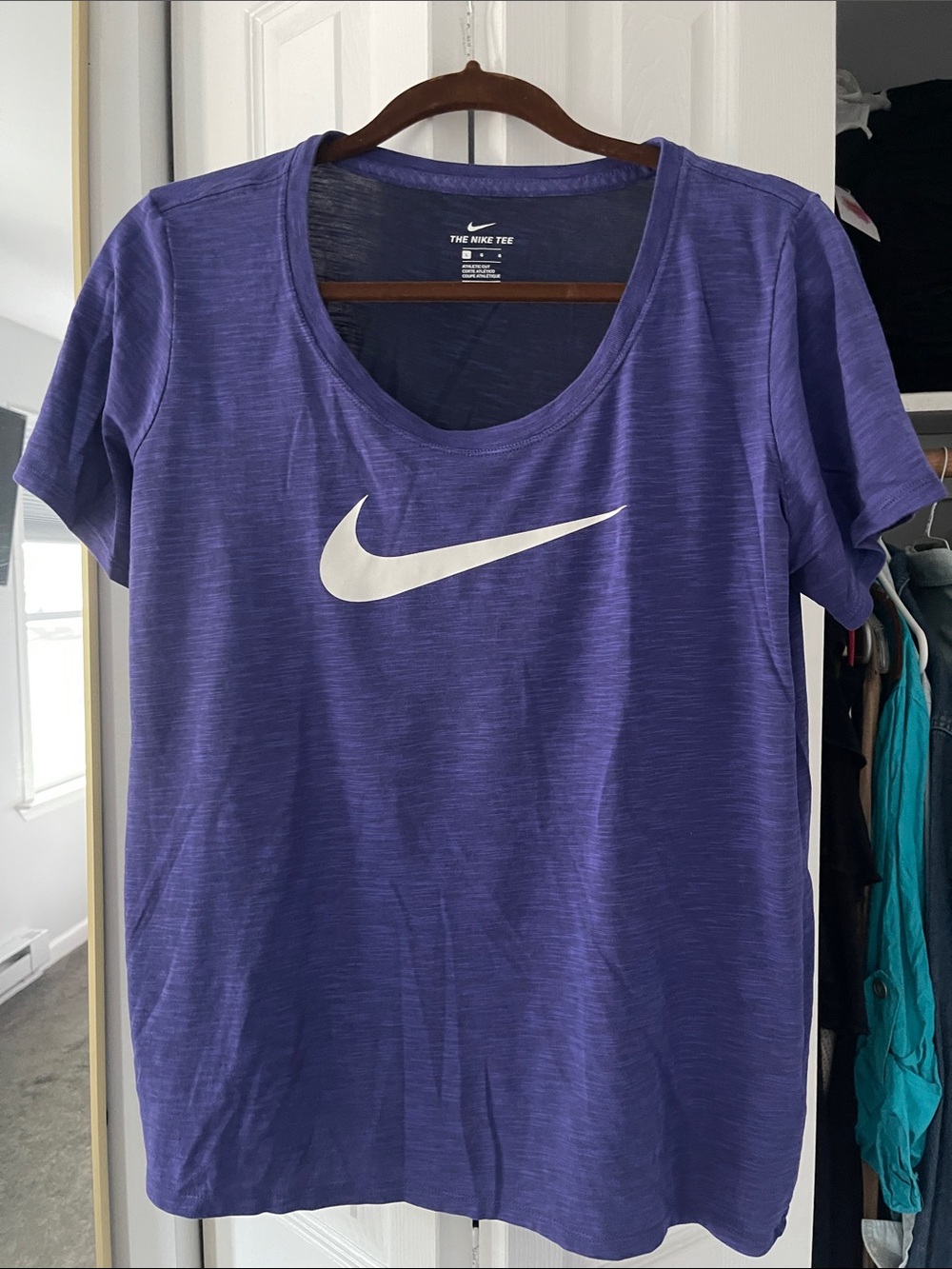Nike Purple Short Sleeve Scoop Neck Tee with White Swoosh Logo